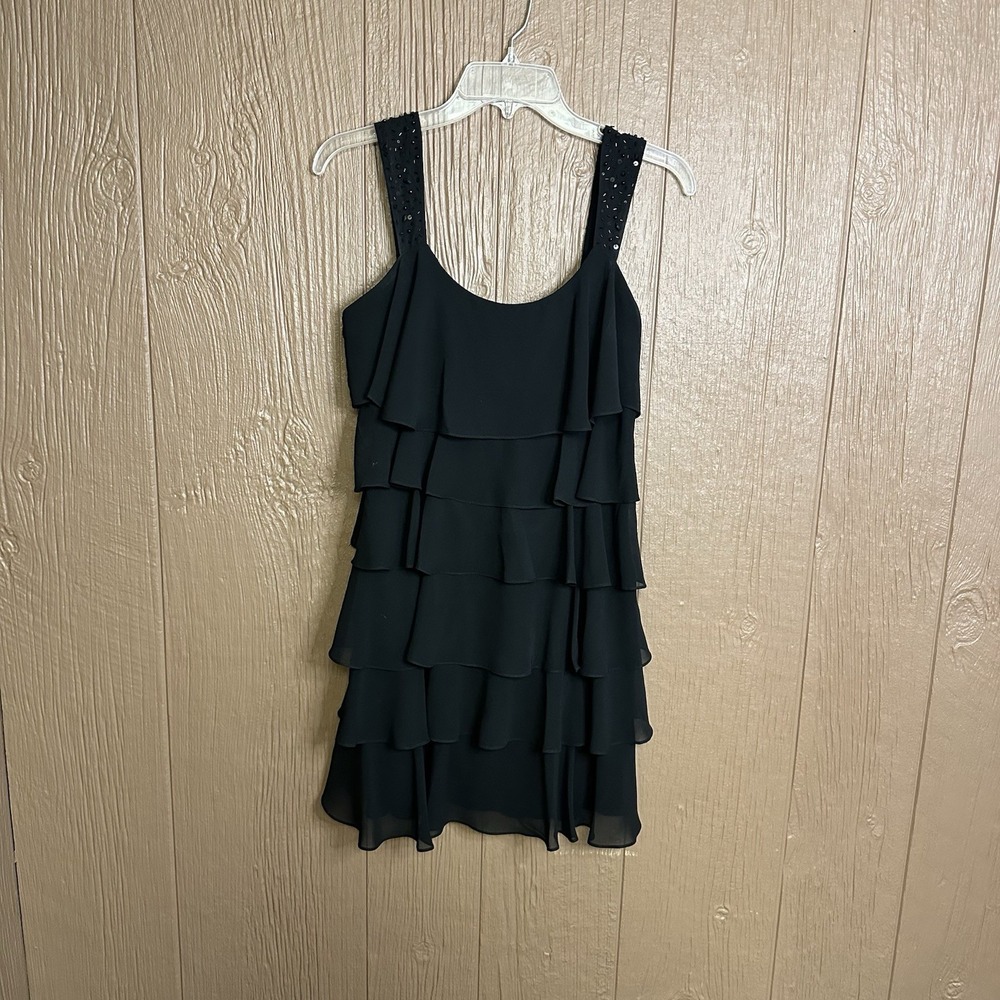 Jessica Howard Chiffon Ruffled Tiered Layered‎ Dress Black Gem Detail Formal 6P